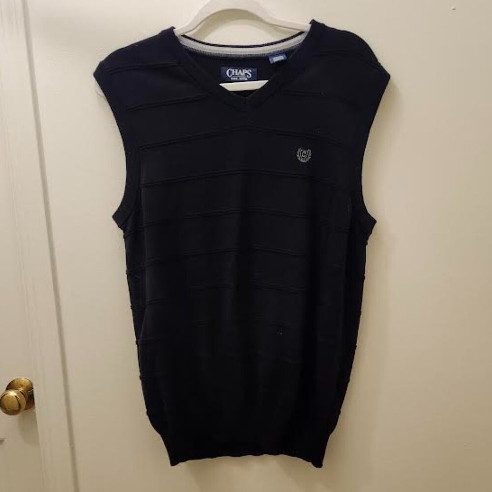 Chaps V-neck sweater vest Black 100% cotton Mens S Preppy Classic